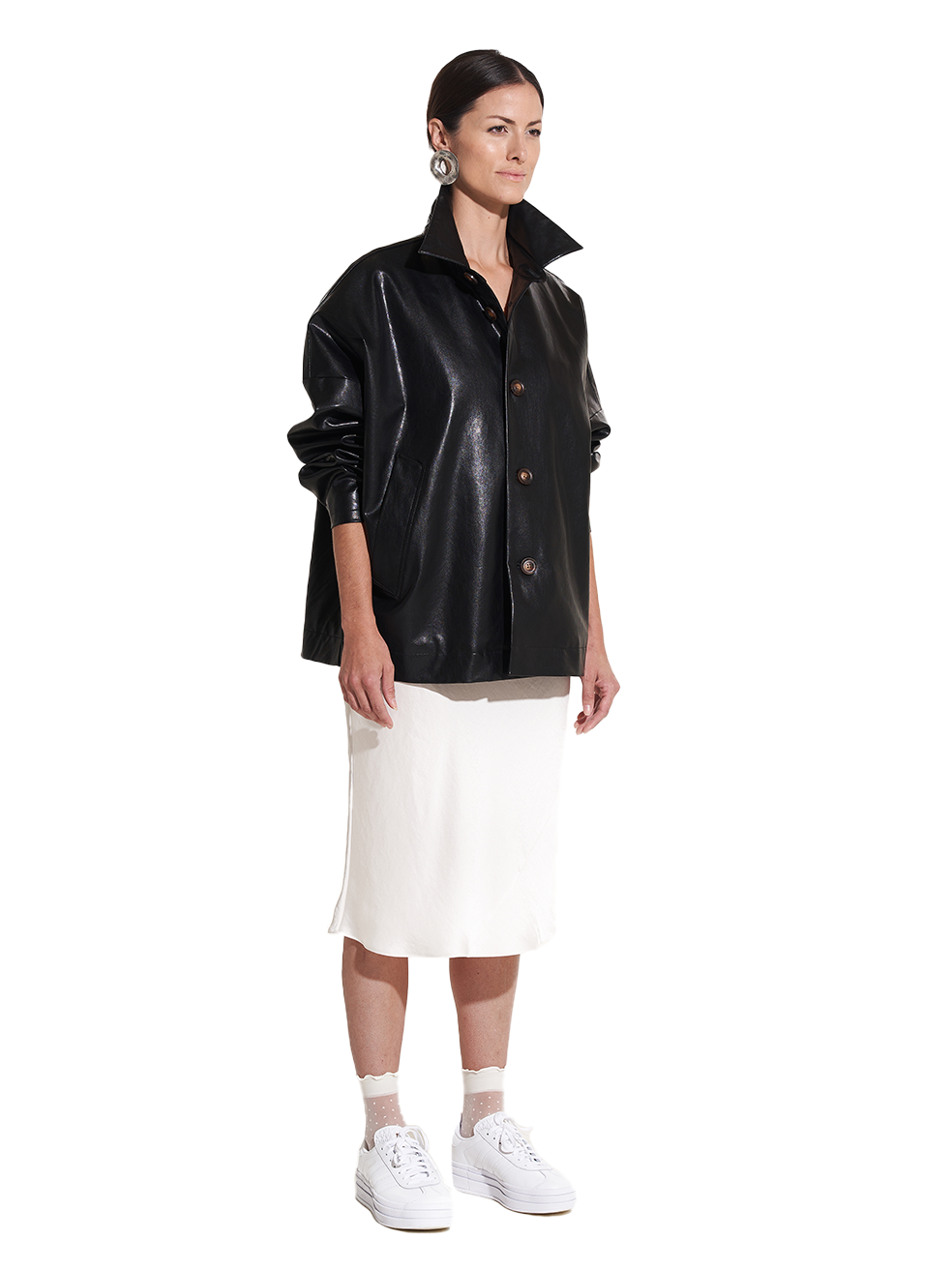 Ryder batwing coat oversized sleeves onyx shiny vegan leather spring