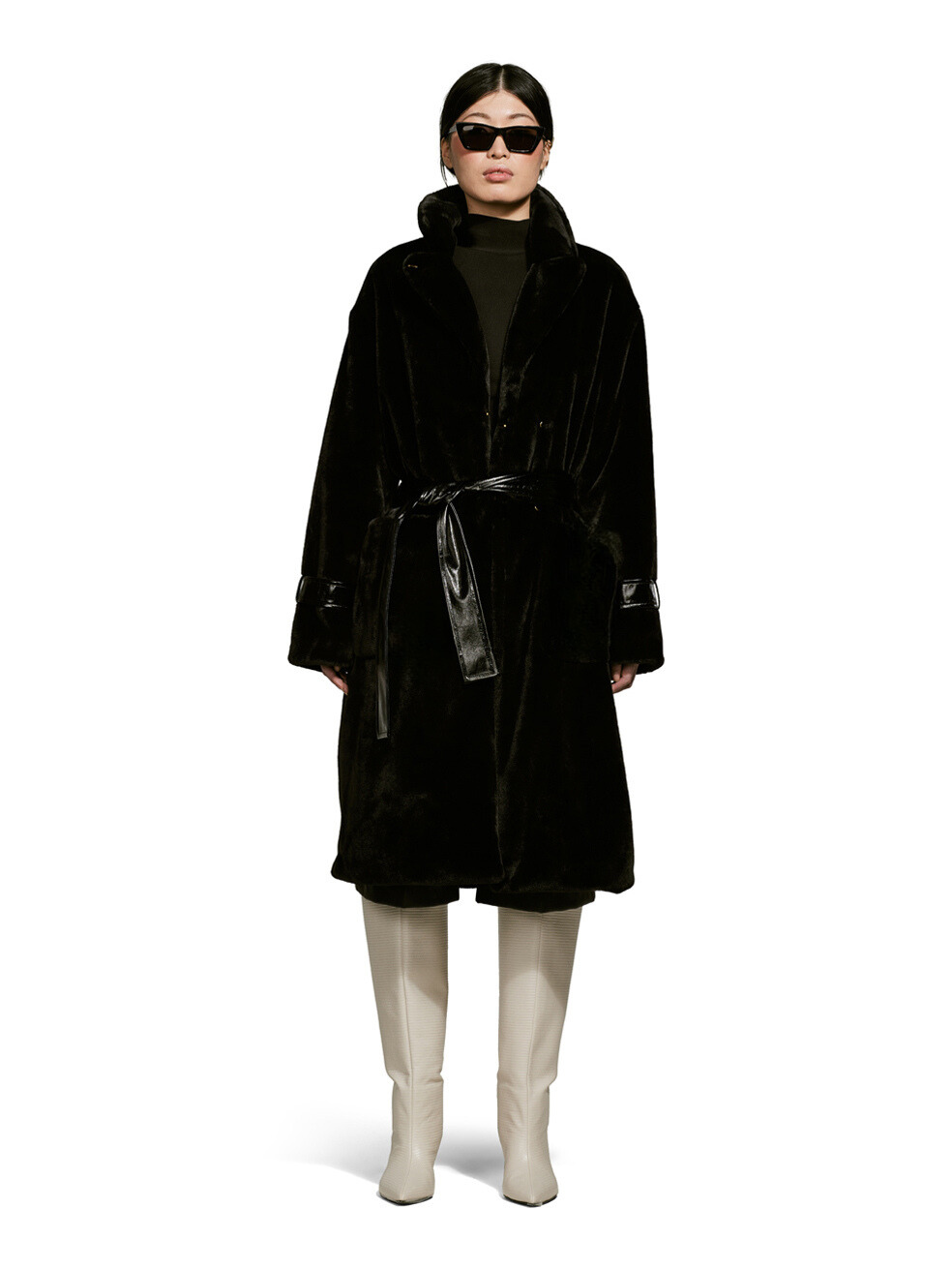 Belted velvet shop faux fur coat