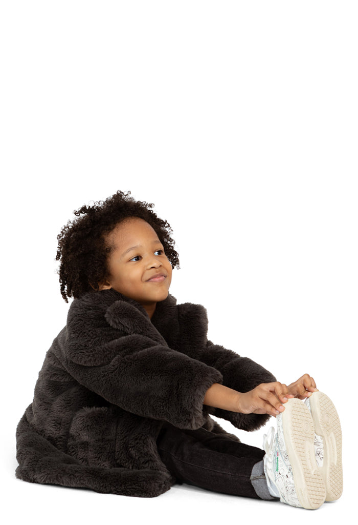 Kid's vegan faux fur winter coat in chocolate brown.